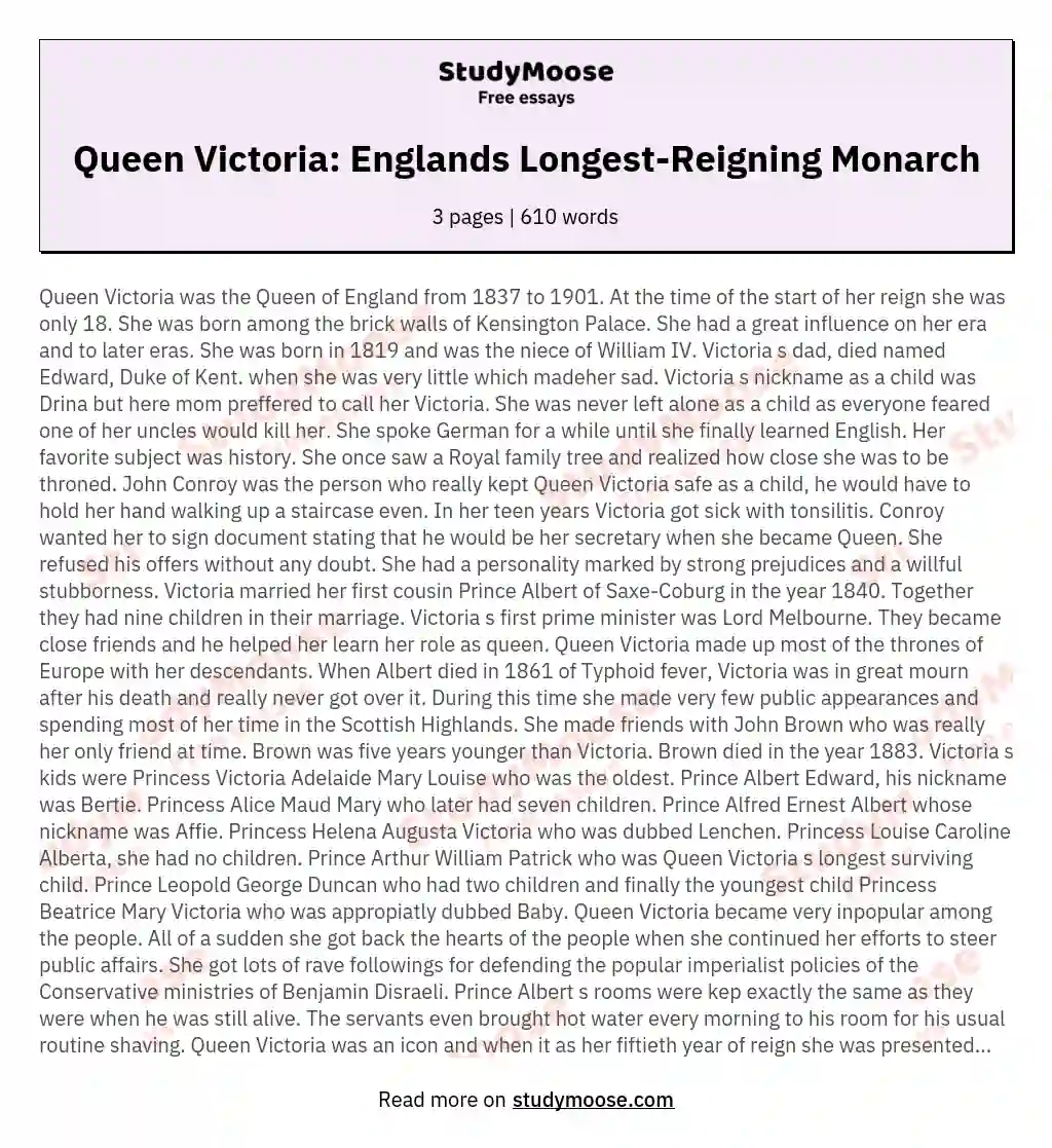 Queen Victoria: Englands Longest-Reigning Monarch essay