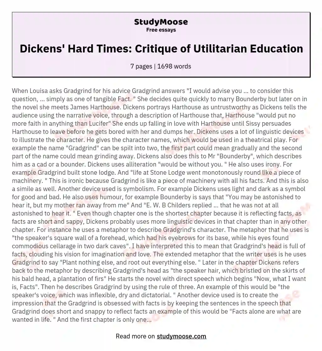 Dickens' Hard Times: Critique of Utilitarian Education essay