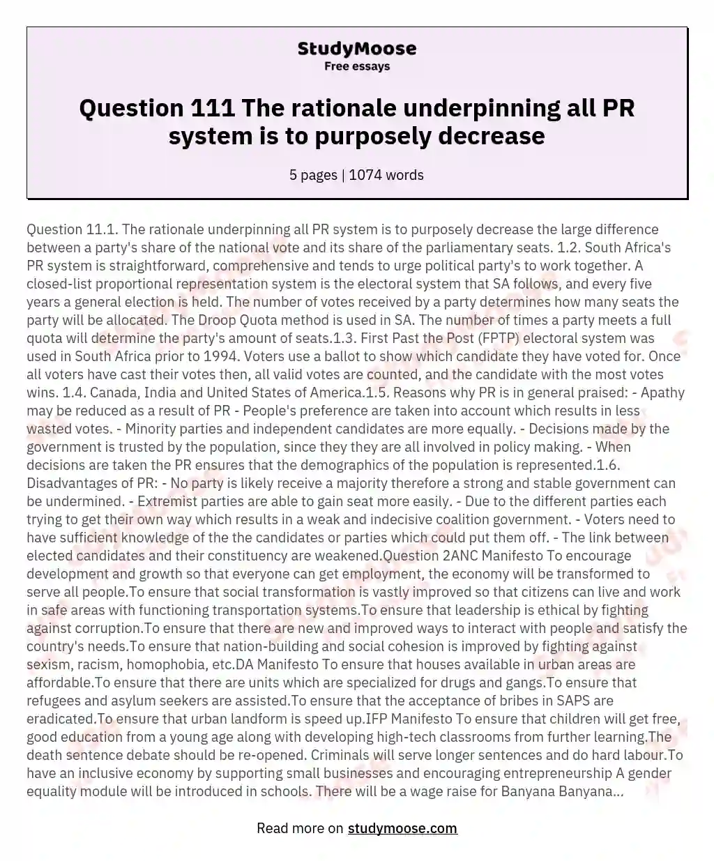 Question 111 The rationale underpinning all PR system is to purposely decrease essay
