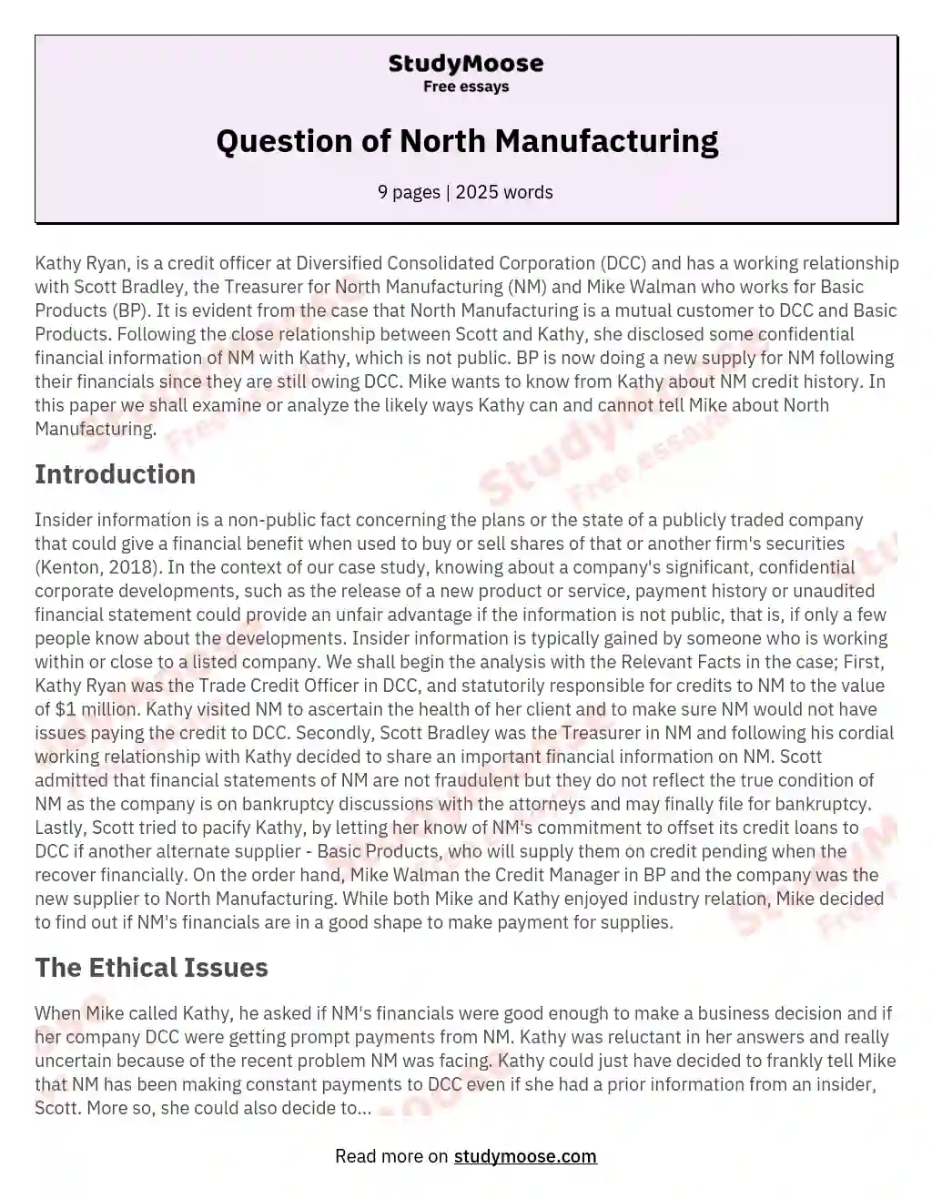 Question of North Manufacturing essay