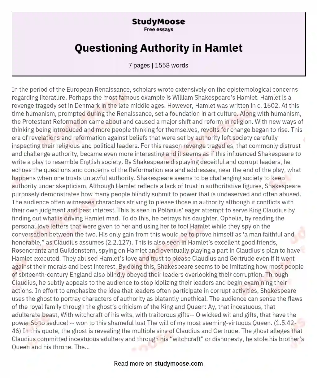 Questioning Authority in Hamlet essay