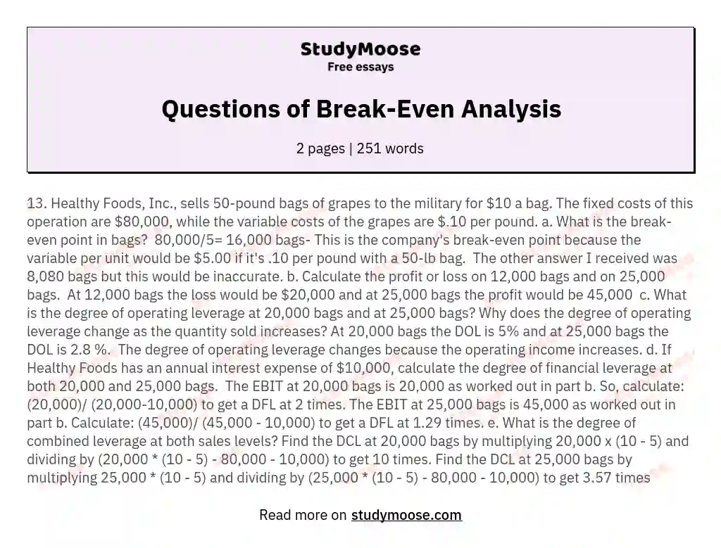 Questions of Break-Even Analysis essay