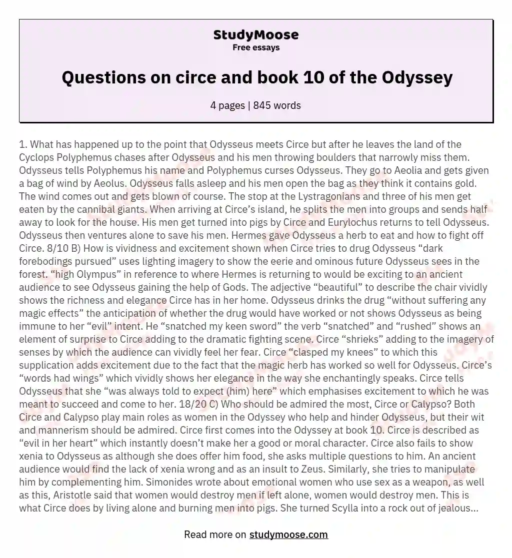 Questions on circe and book 10 of the Odyssey essay