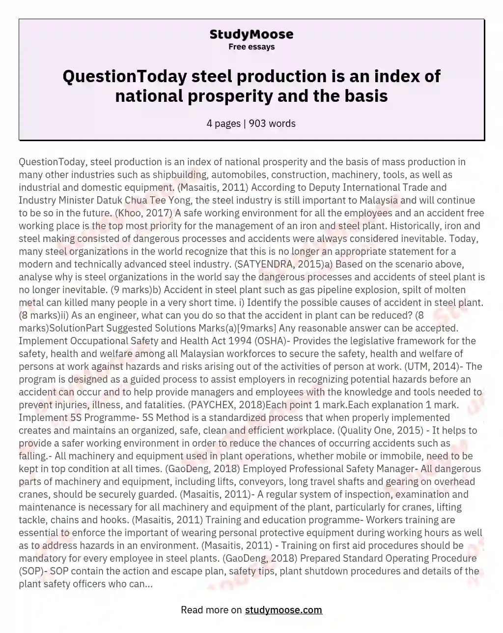 QuestionToday steel production is an index of national prosperity and the basis essay