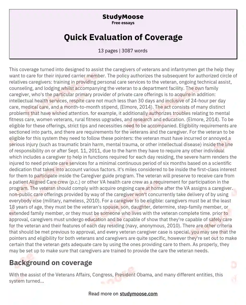 Quick Evaluation of Coverage essay