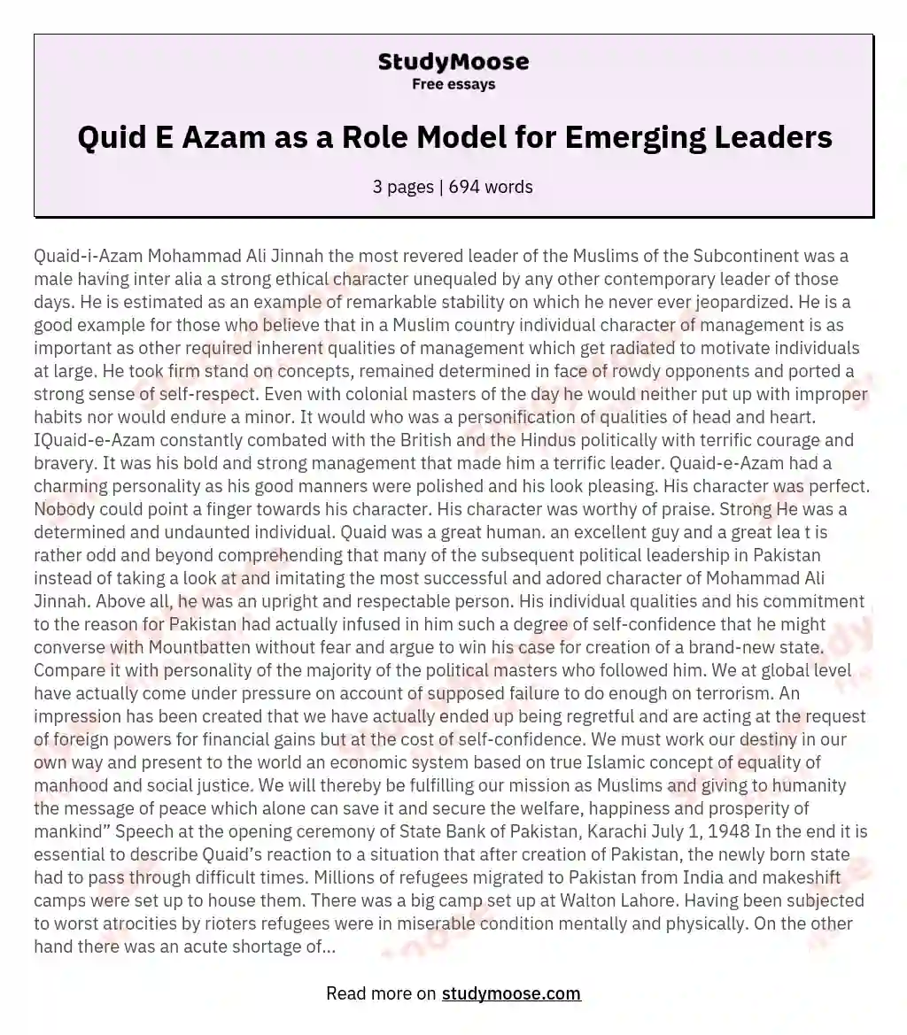 Quid E Azam as a Role Model for Emerging Leaders essay