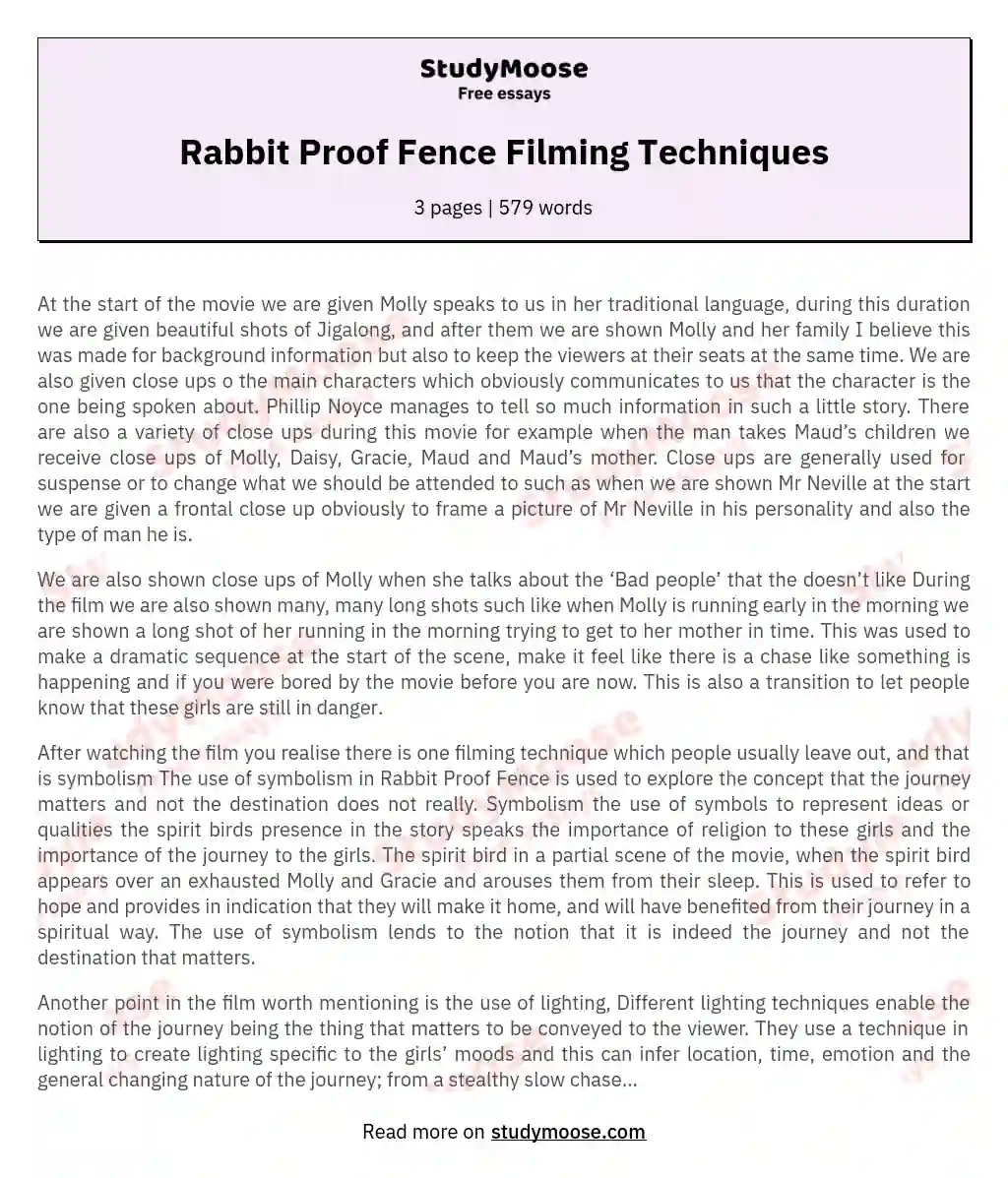 Rabbit Proof Fence Filming Techniques essay