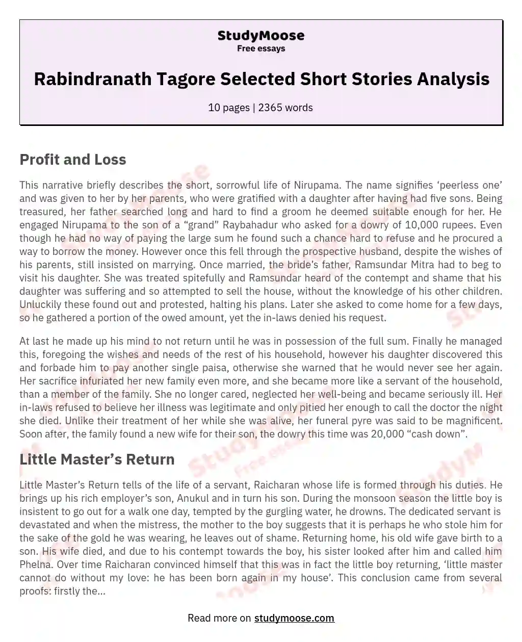 Rabindranath Tagore Selected Short Stories Analysis essay