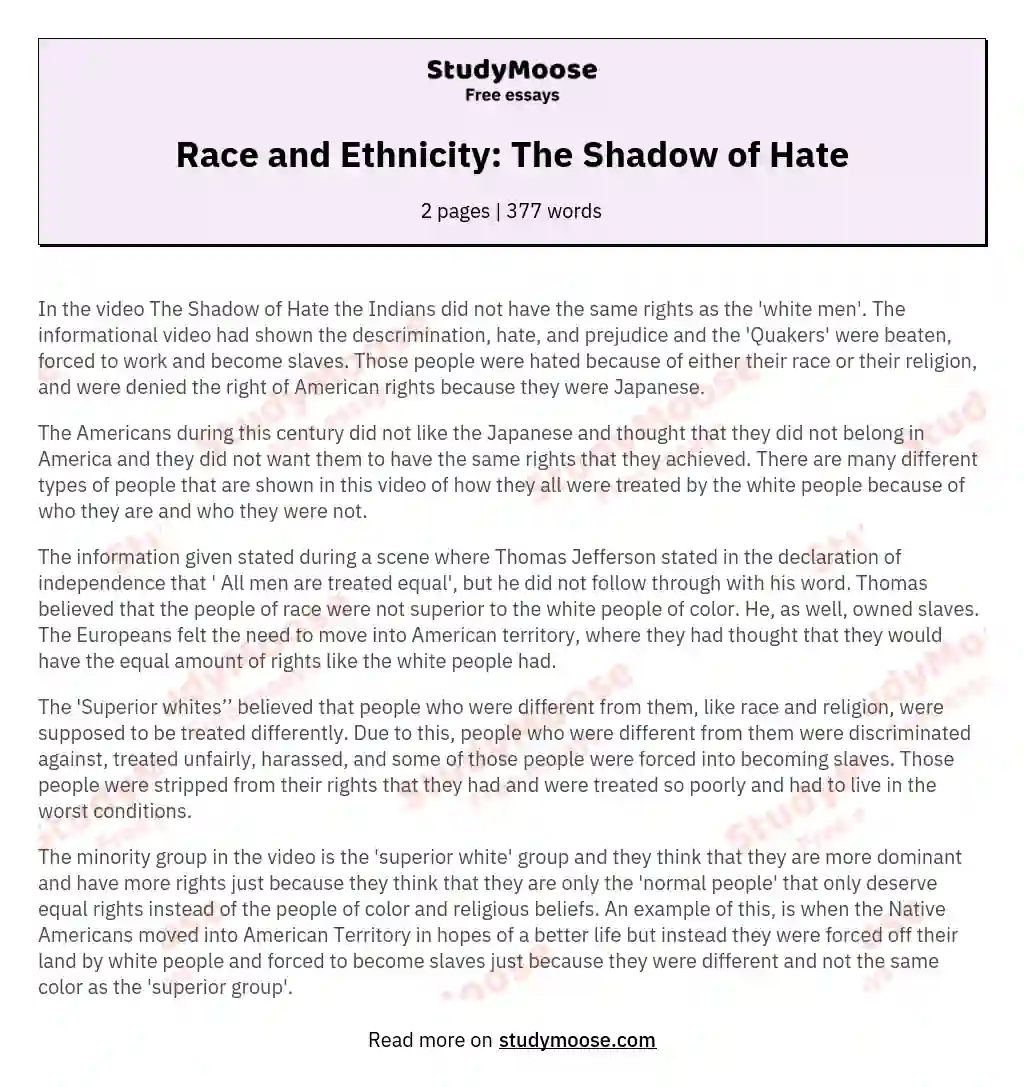Race and Ethnicity: The Shadow of Hate essay