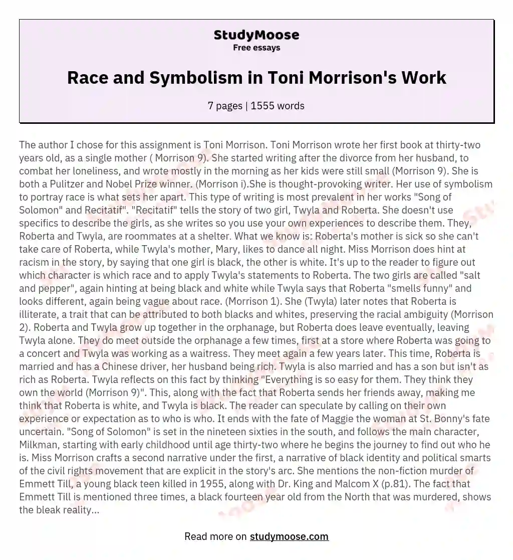 Race and Symbolism in Toni Morrison's Work essay