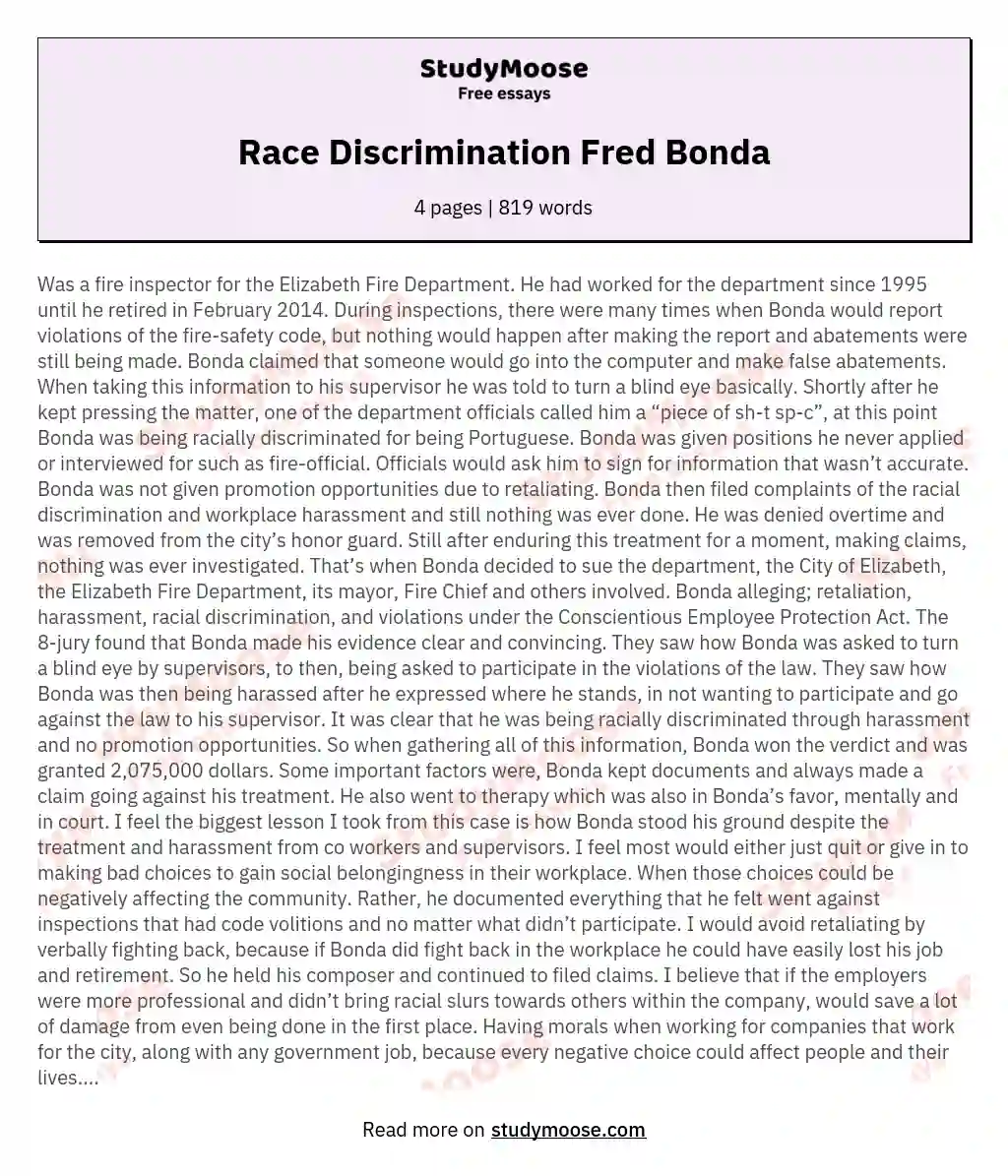 Race Discrimination Fred Bonda essay