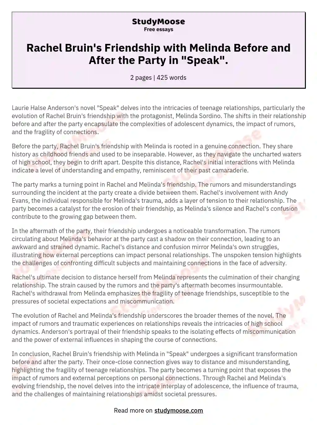 Rachel Bruin's Friendship with Melinda Before and After the Party in "Speak". essay