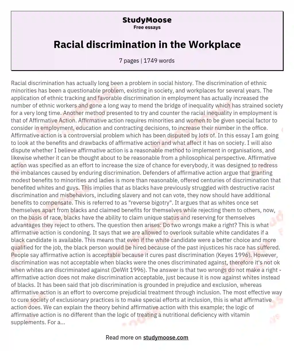 Racial discrimination in the Workplace essay