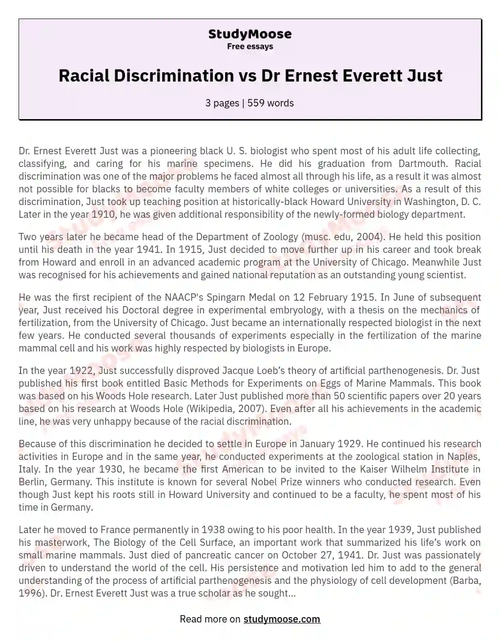 Racial Discrimination vs Dr Ernest Everett Just essay