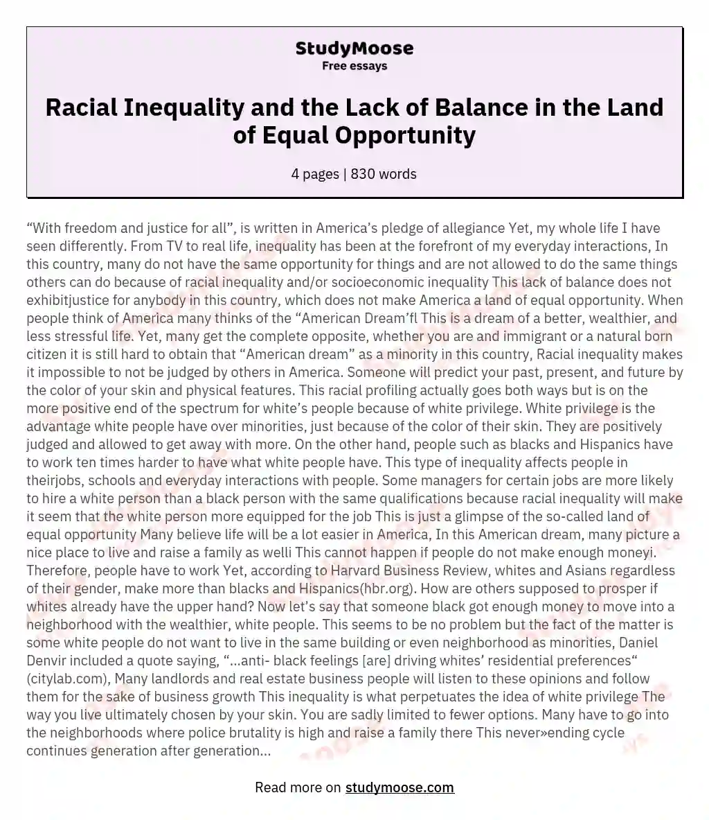 Racial Inequality and the Lack of Balance in the Land of Equal Opportunity essay
