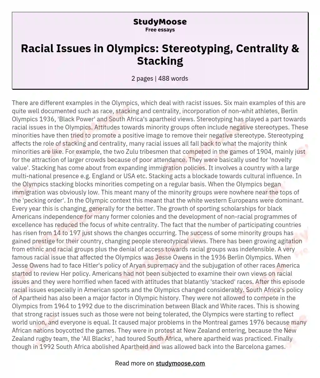 Racial Issues in Olympics: Stereotyping, Centrality & Stacking essay