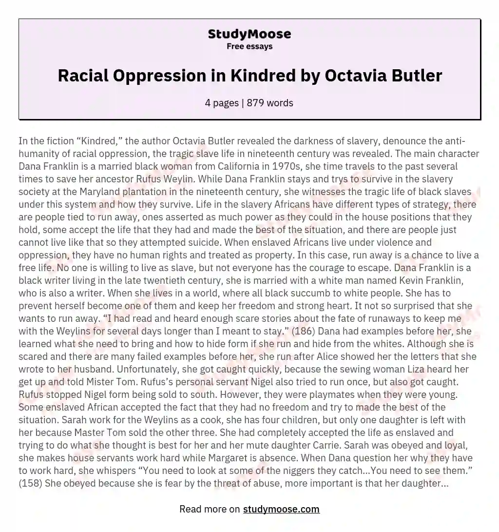 Racial Oppression in Kindred by Octavia Butler essay