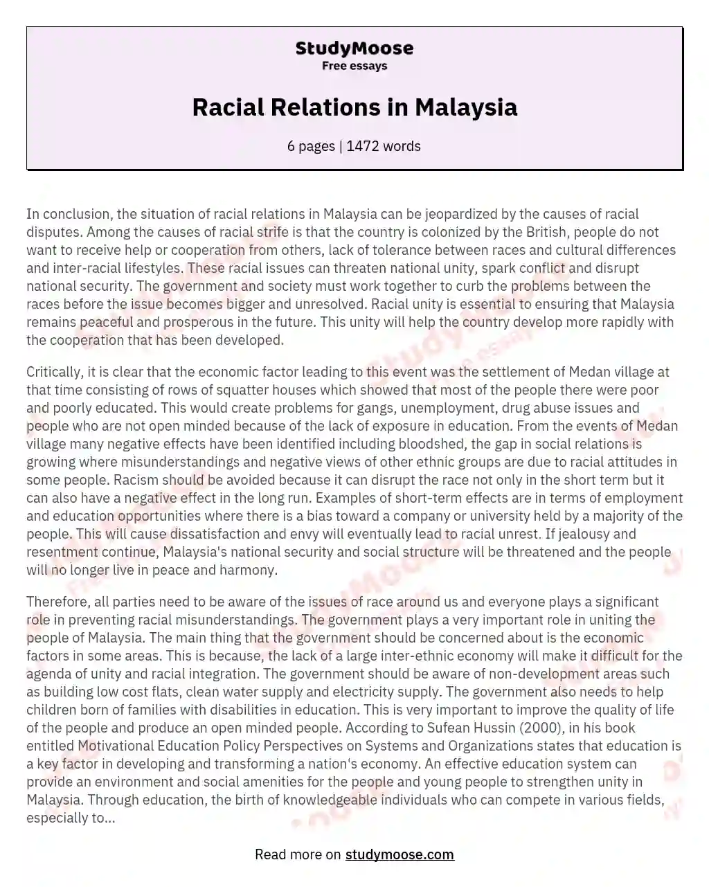 Racial Relations in Malaysia essay