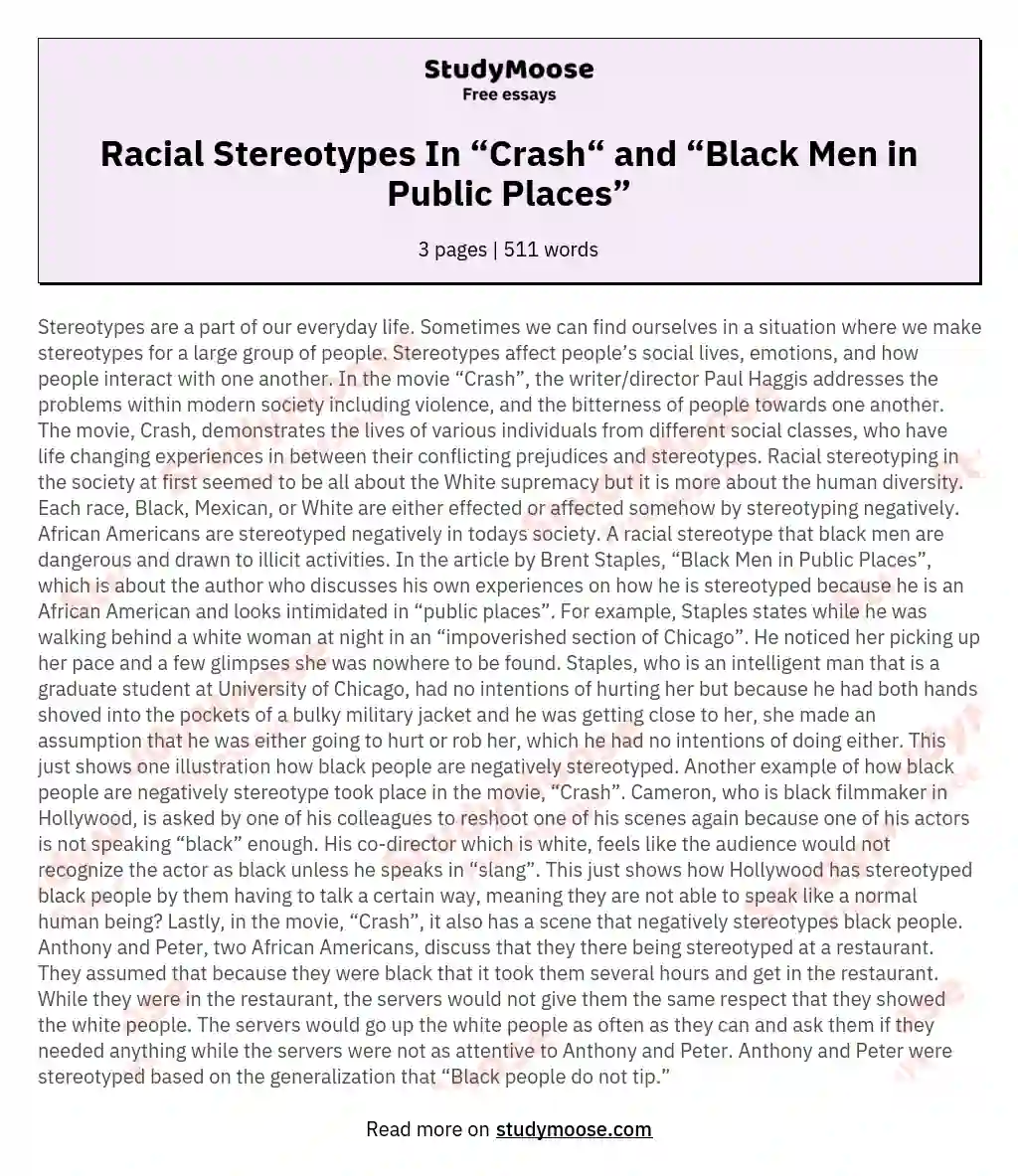 Racial Stereotypes In “Crash“ and “Black Men in Public Places” essay
