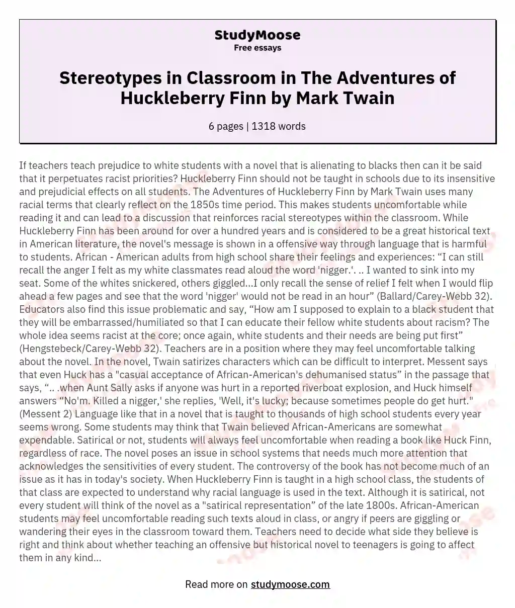 Racial Stereotypes Within the Classroom in The Adventures of Huckleberry Finn by Mark Twain
