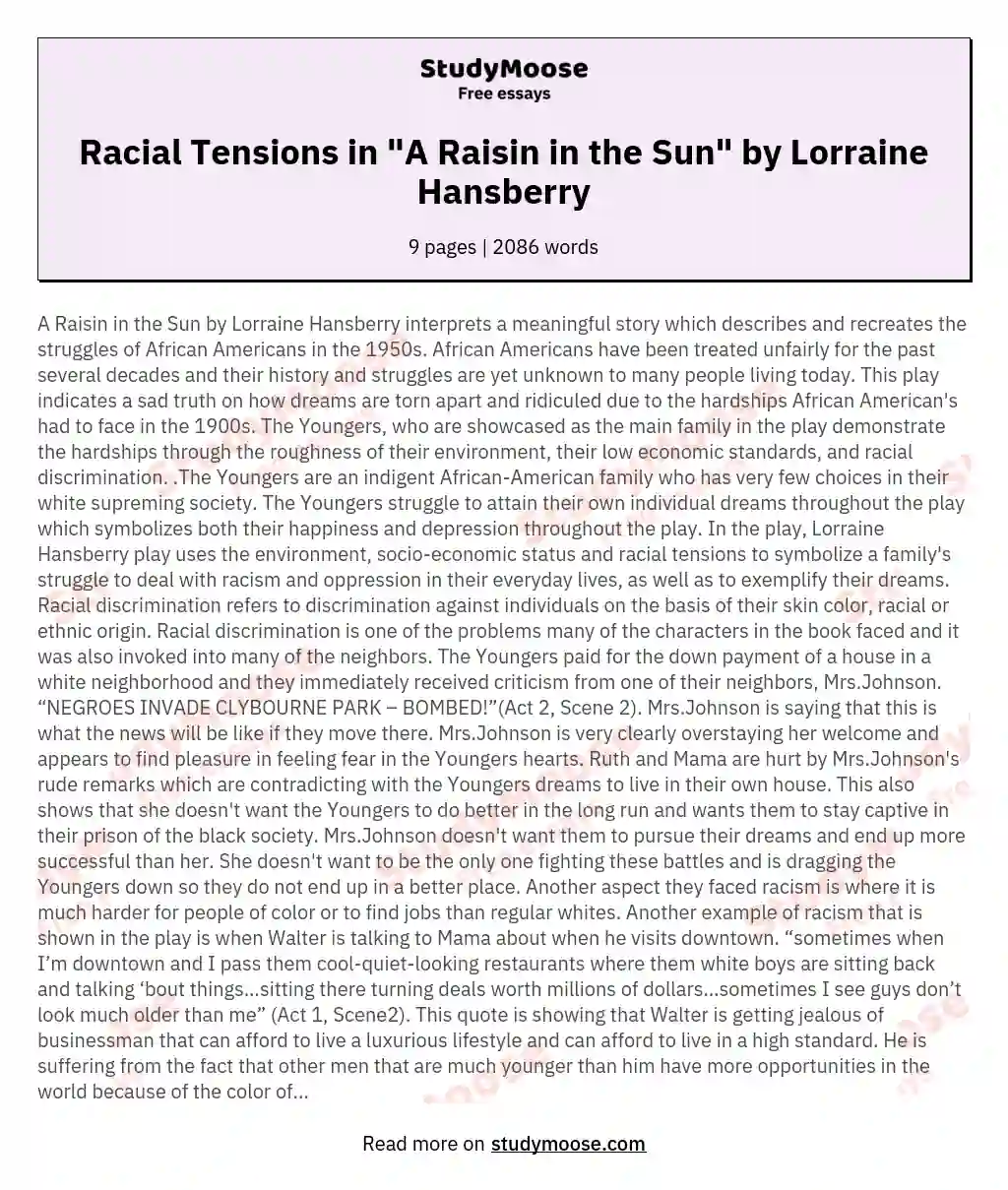 Racial Tensions in "A Raisin in the Sun" by Lorraine Hansberry