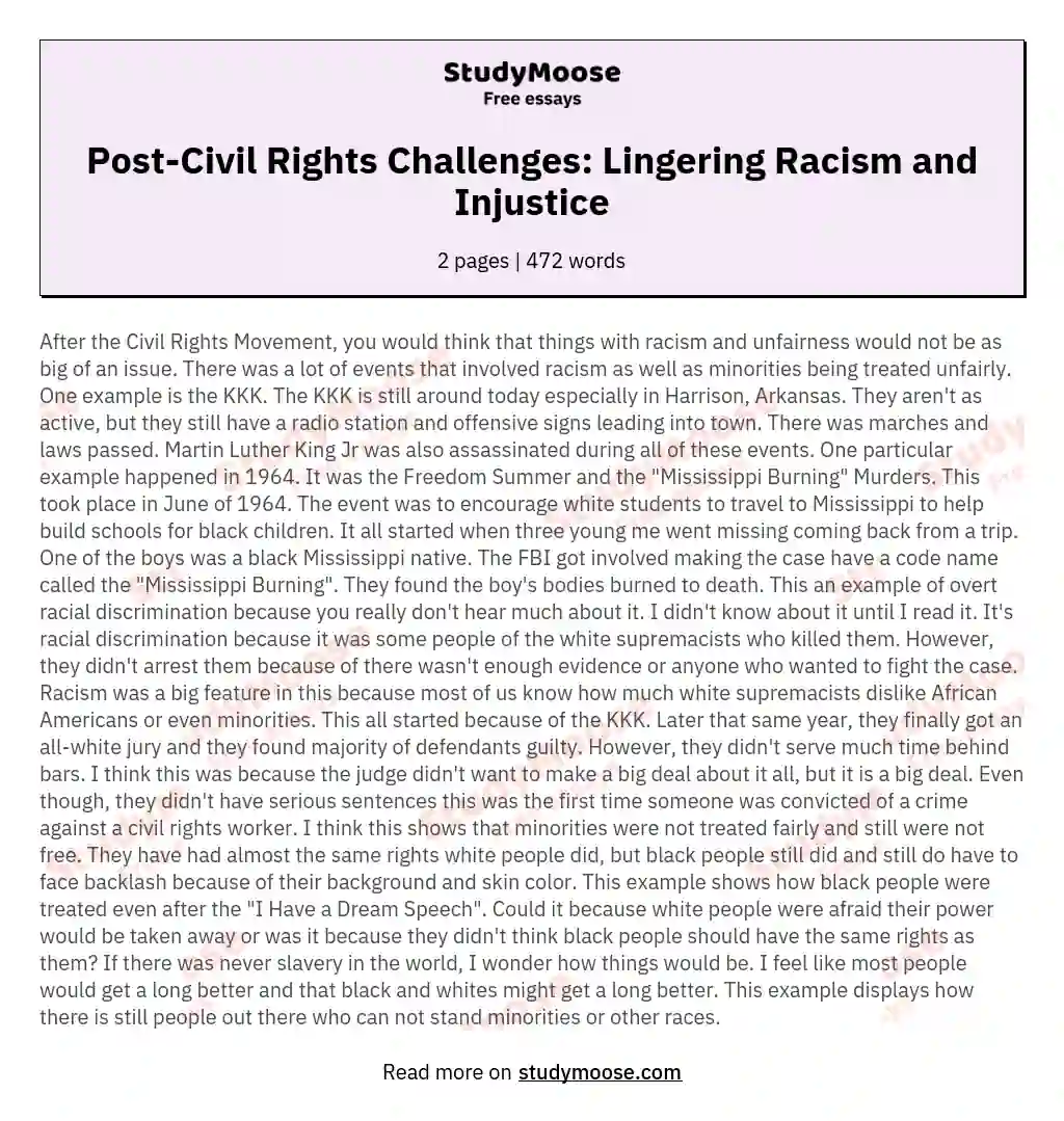 Post-Civil Rights Challenges: Lingering Racism and Injustice essay