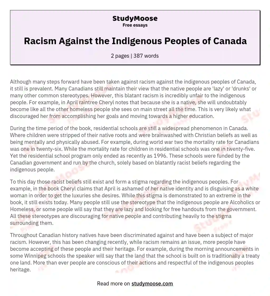 Racism Against the Indigenous Peoples of Canada essay