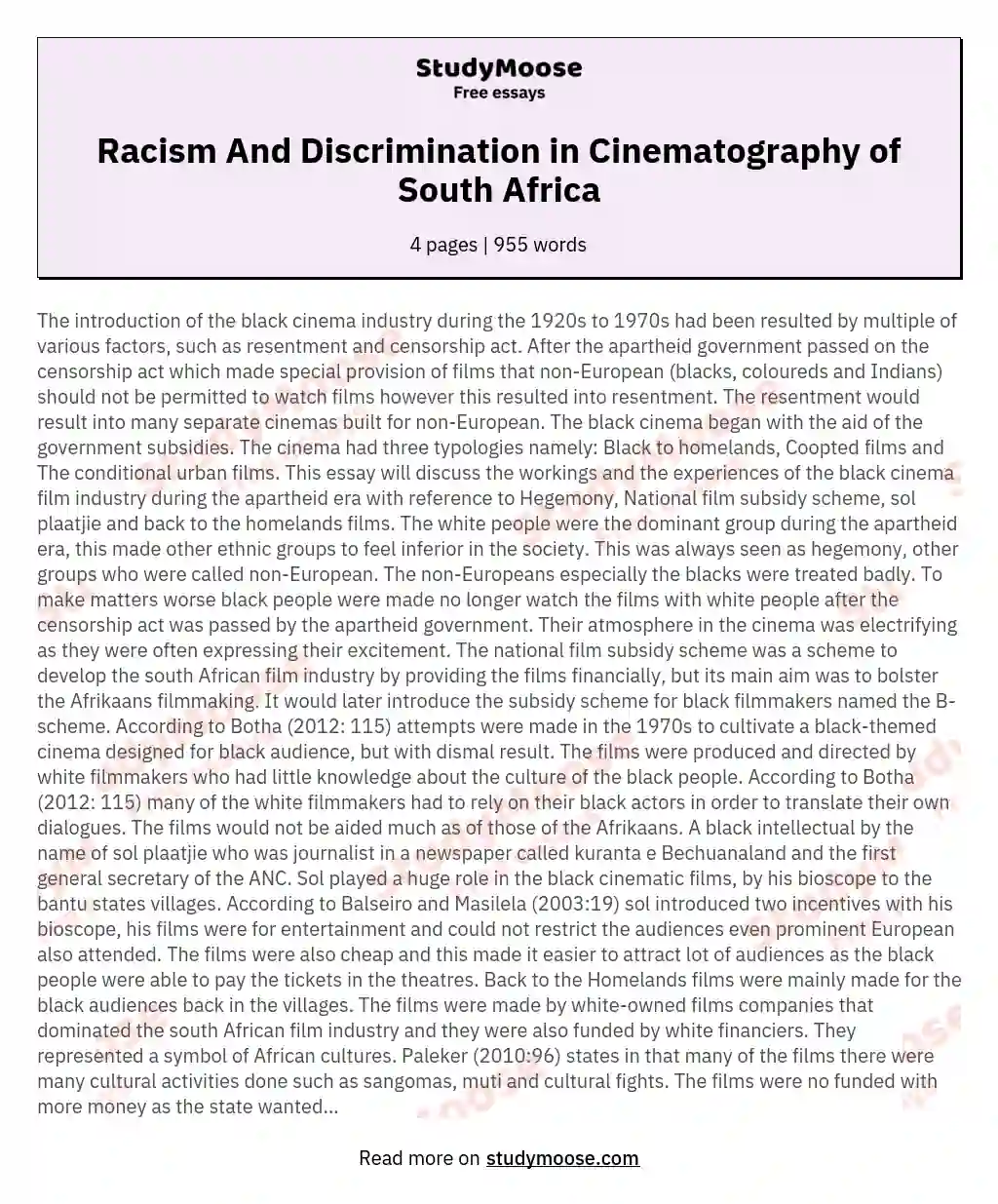 Racism And Discrimination in Cinematography of South Africa essay