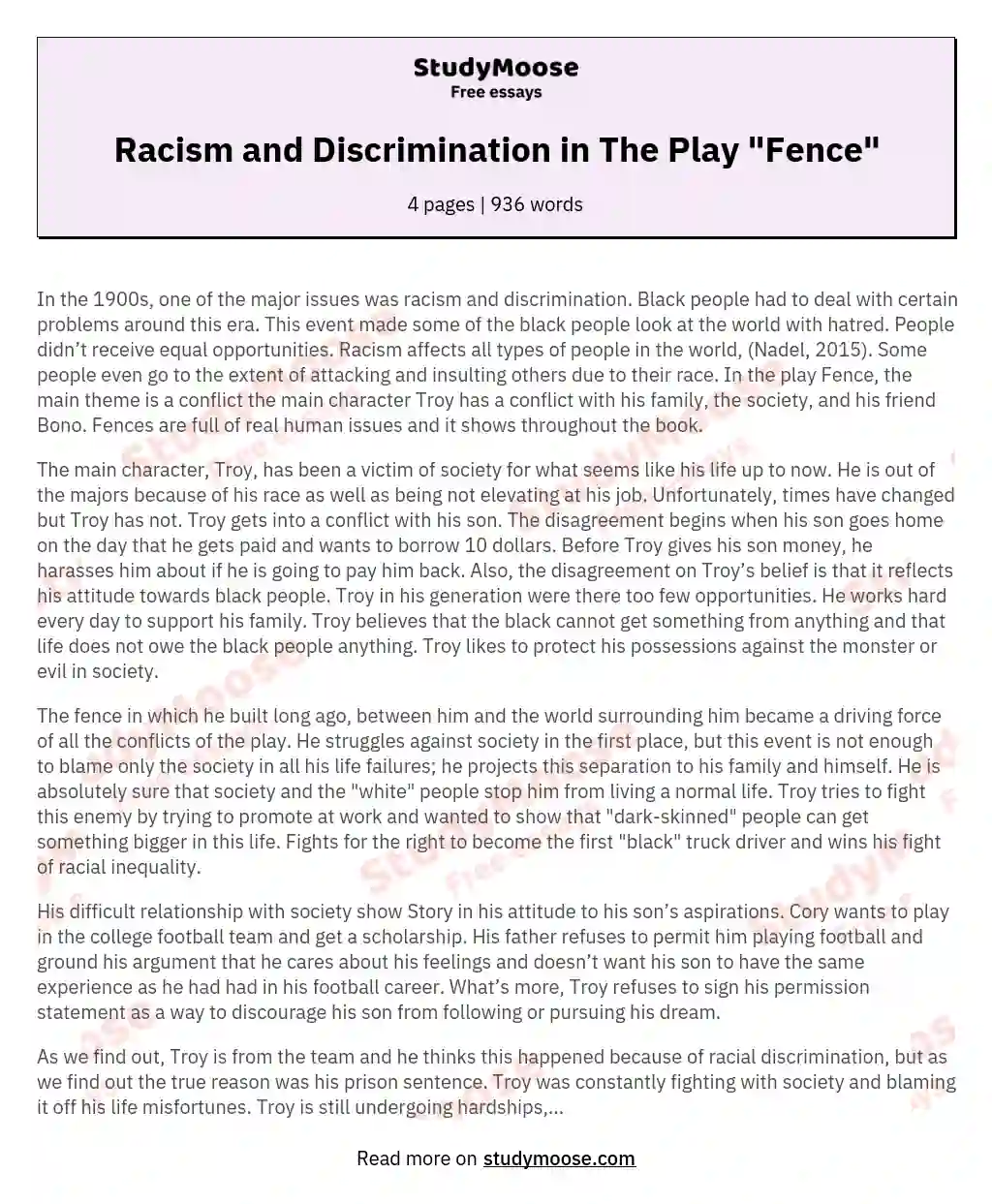 Racism and Discrimination in The Play "Fence" essay