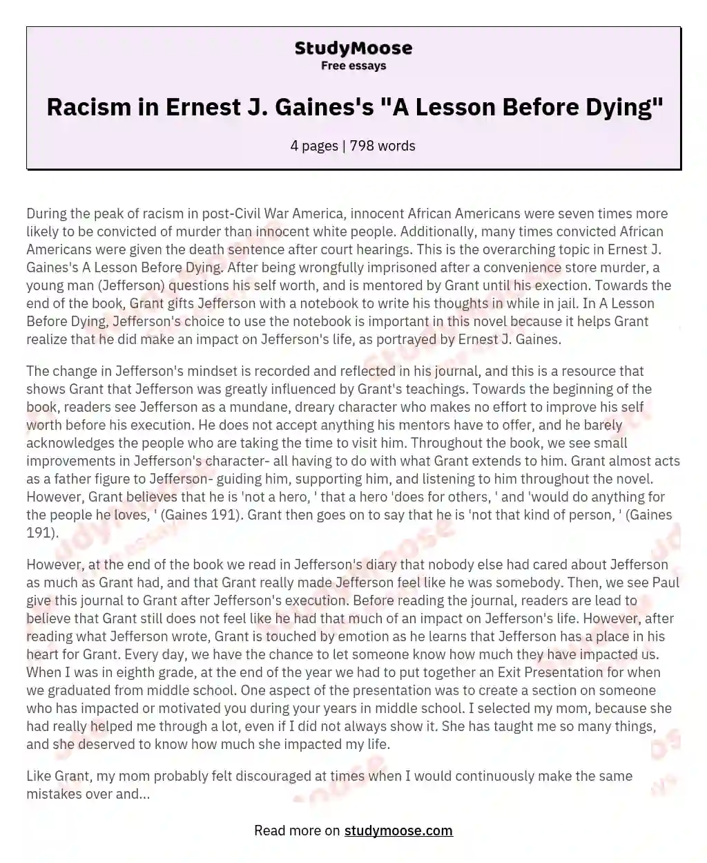 Racism in Ernest J. Gaines's "A Lesson Before Dying" essay