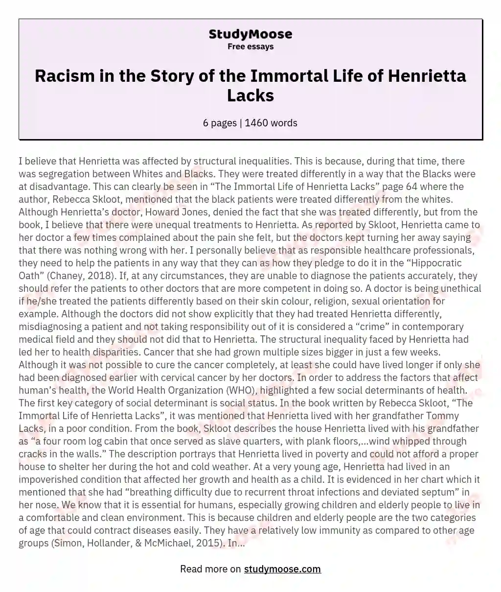 Racism in the Story of the Immortal Life of Henrietta Lacks essay