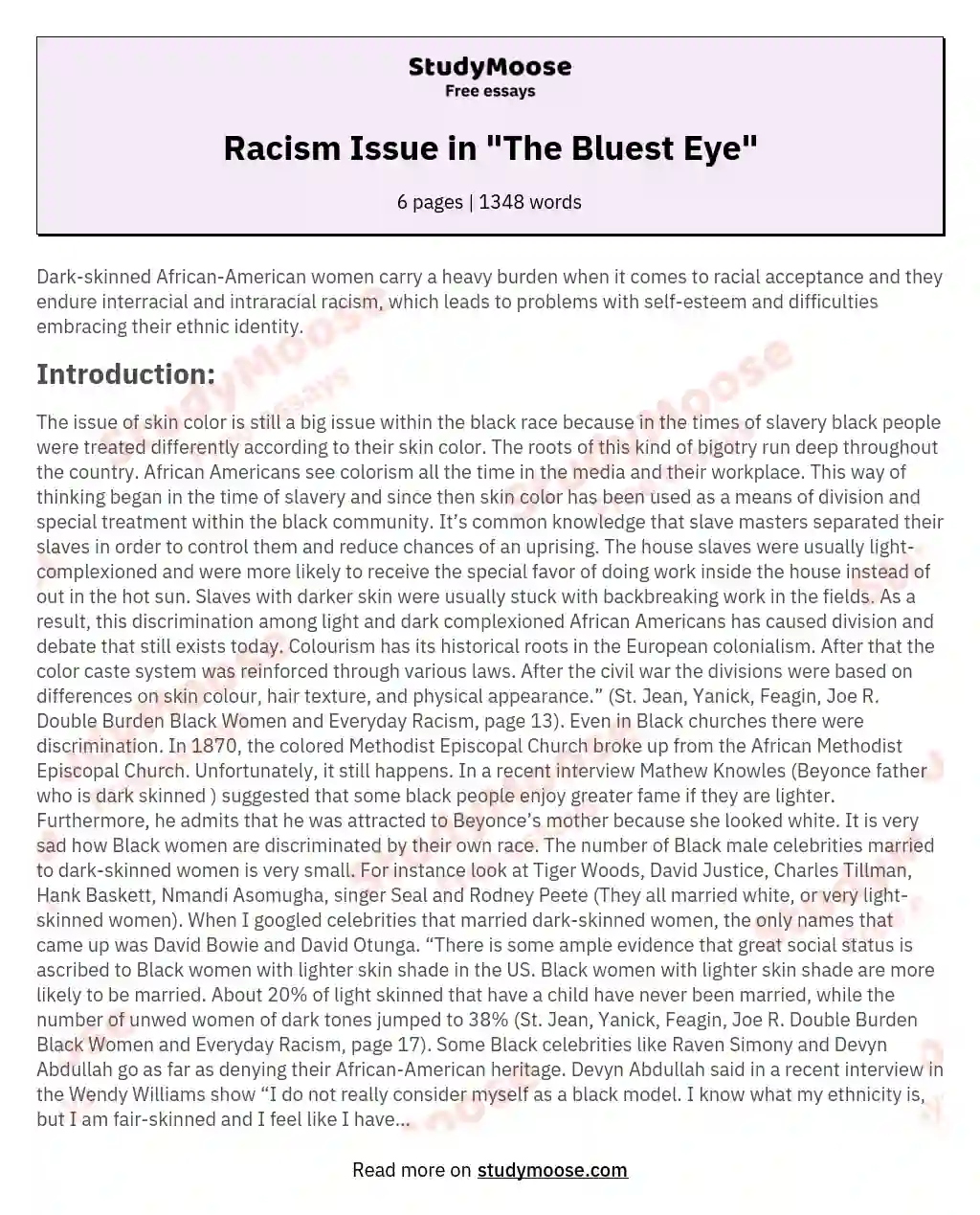 Racism Issue in "The Bluest Eye" essay