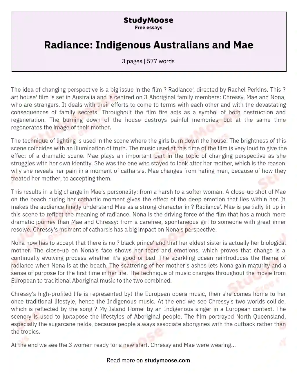 Radiance: Indigenous Australians and Mae essay