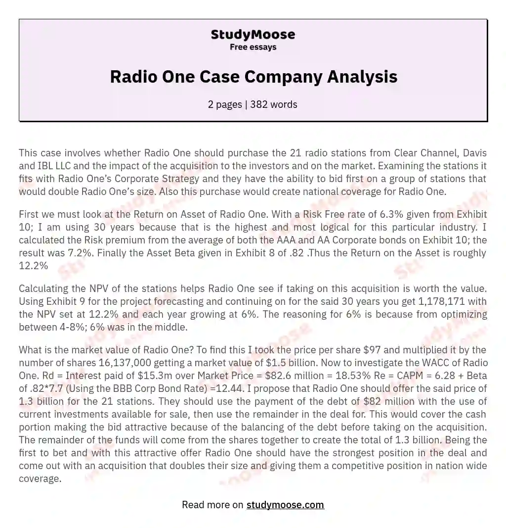 Radio One Case Company Analysis essay