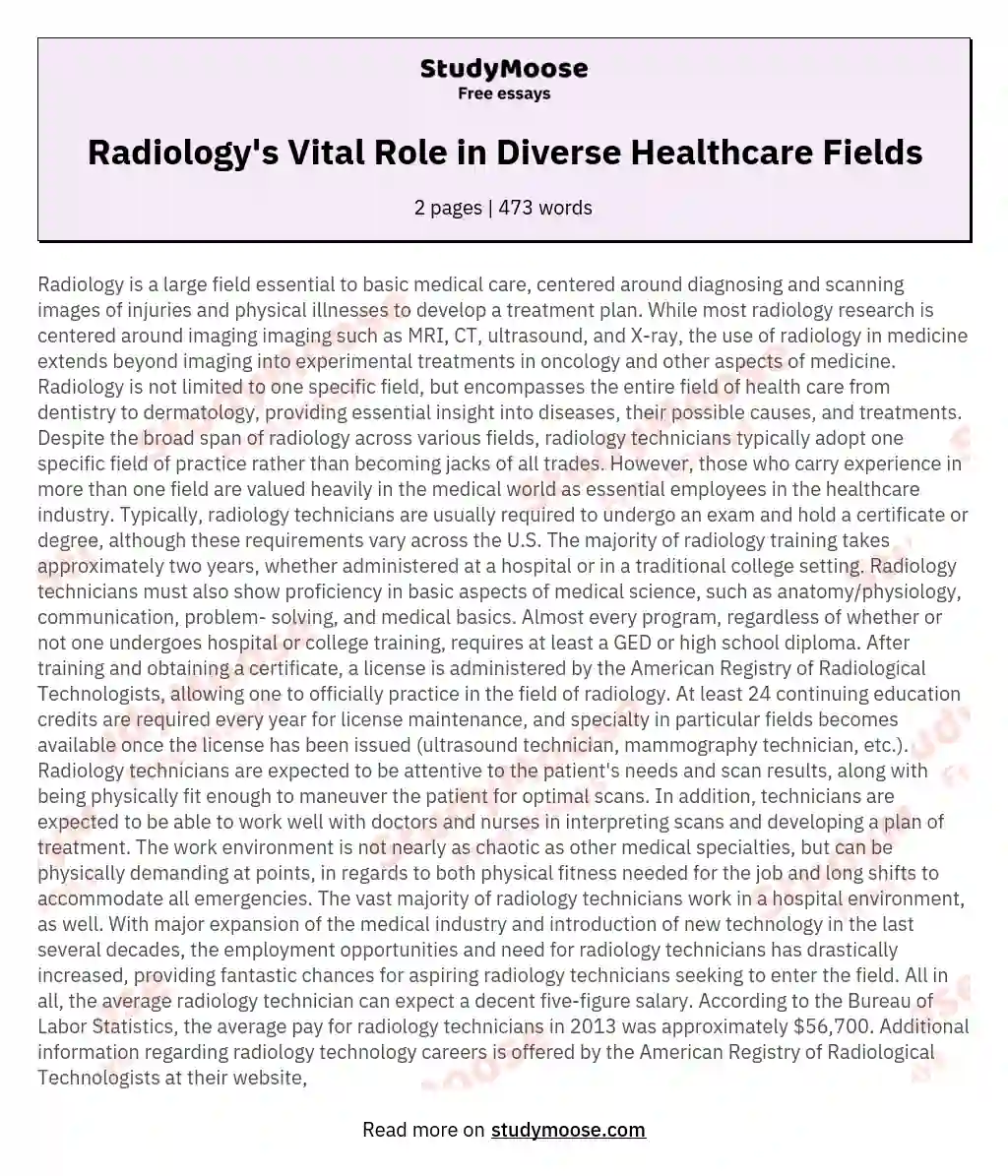 Radiology's Vital Role in Diverse Healthcare Fields essay