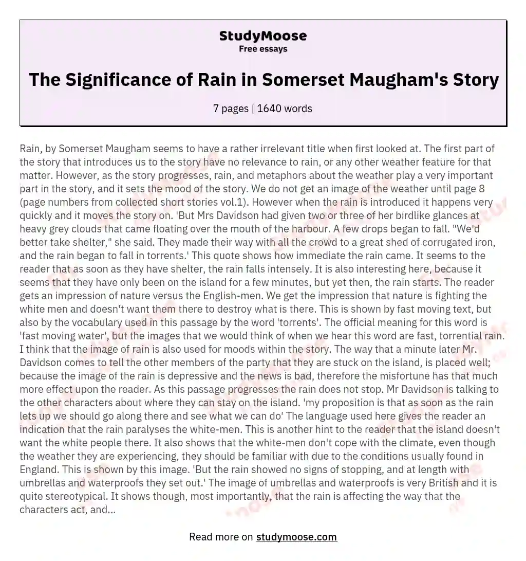 Rain by Somerset Maugham - Comment on the significance of the recurrent image of rain in this short story