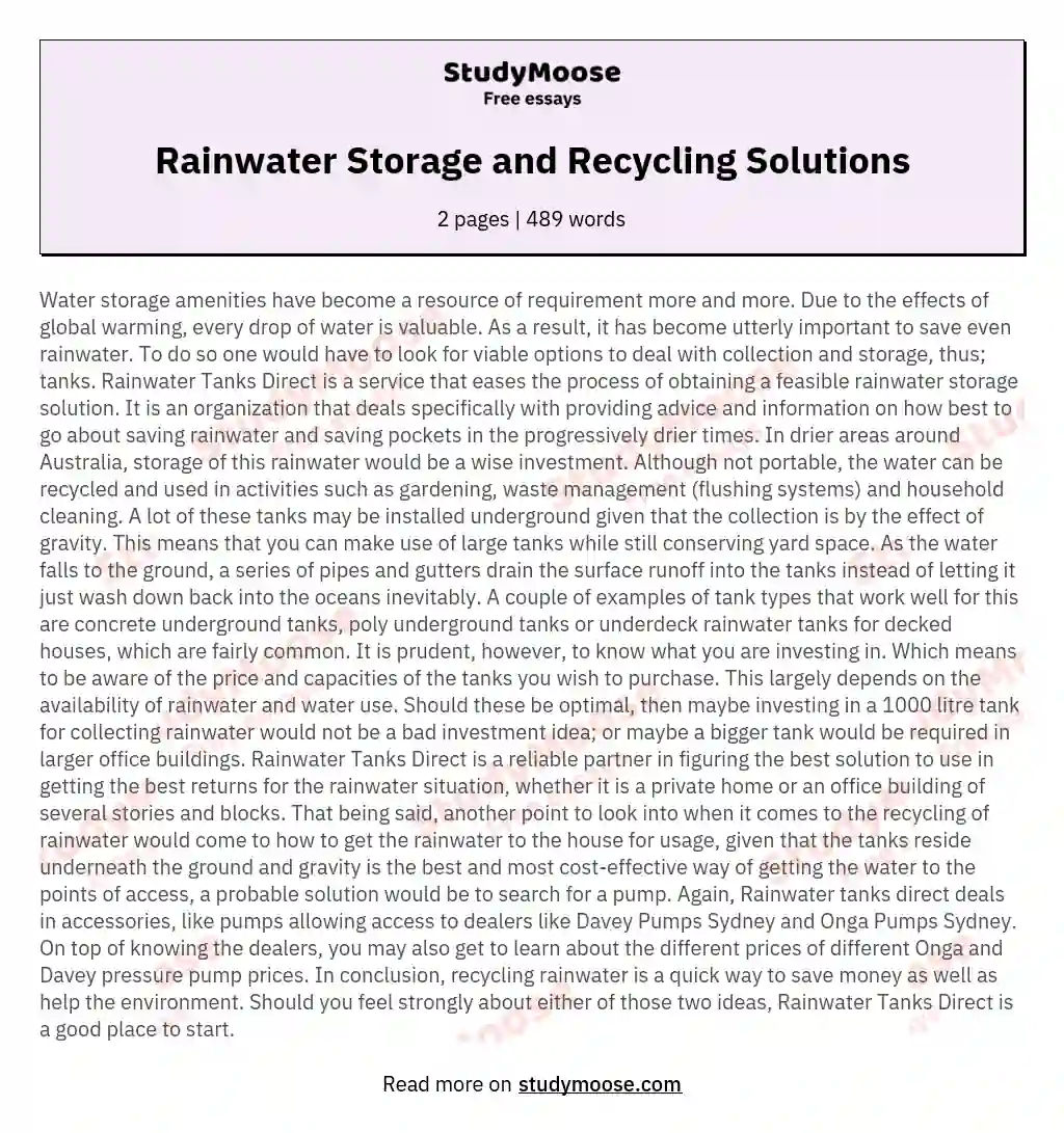 Rainwater Storage and Recycling Solutions essay