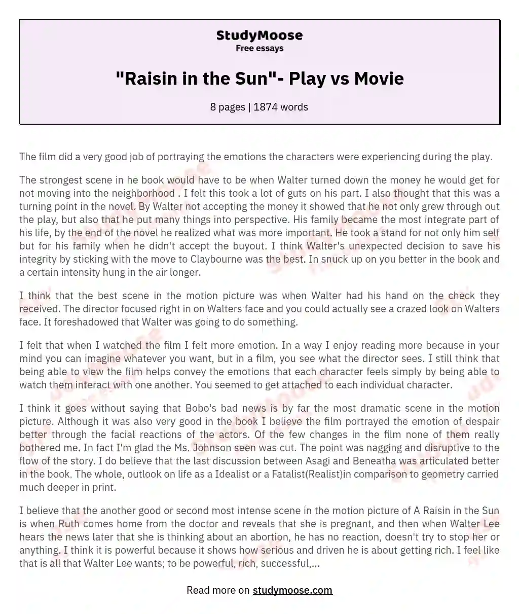 "Raisin in the Sun"- Play vs Movie essay