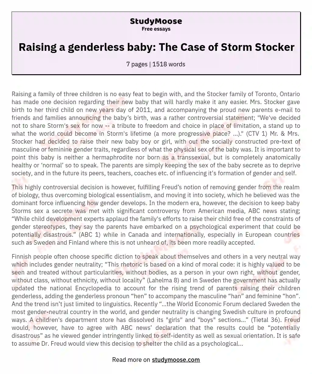 Raising a genderless baby: The Case of Storm Stocker essay