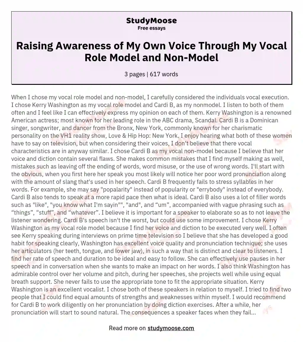Raising Awareness of My Own Voice Through My Vocal Role Model and Non-Model essay