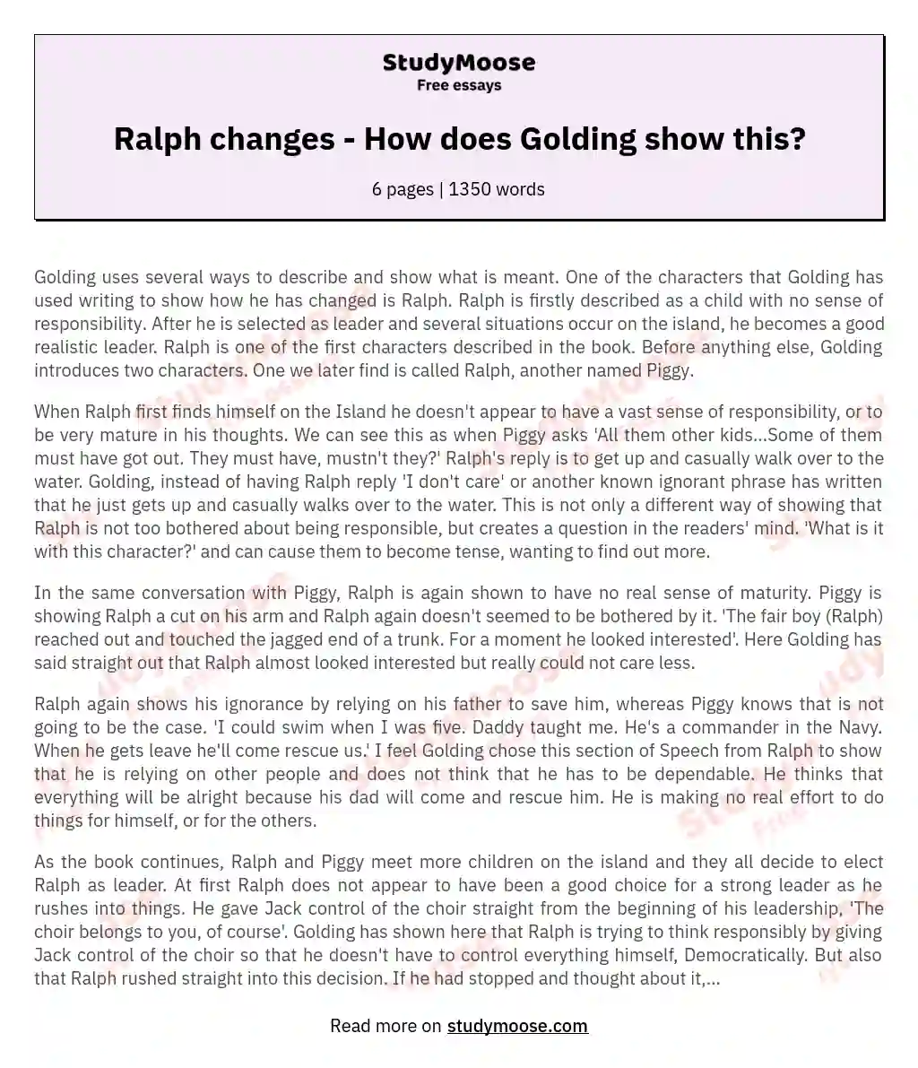 Ralph changes - How does Golding show this? essay