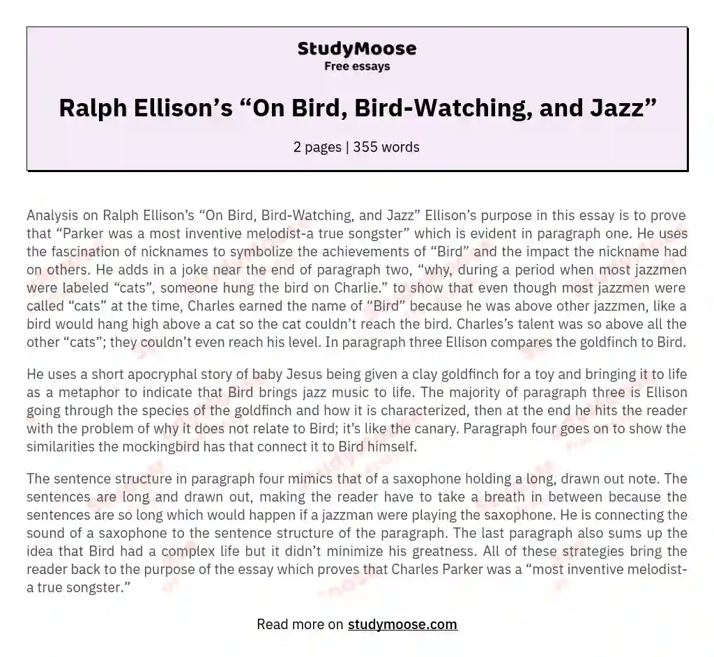 Ralph Ellison’s “On Bird, Bird-Watching, and Jazz” essay