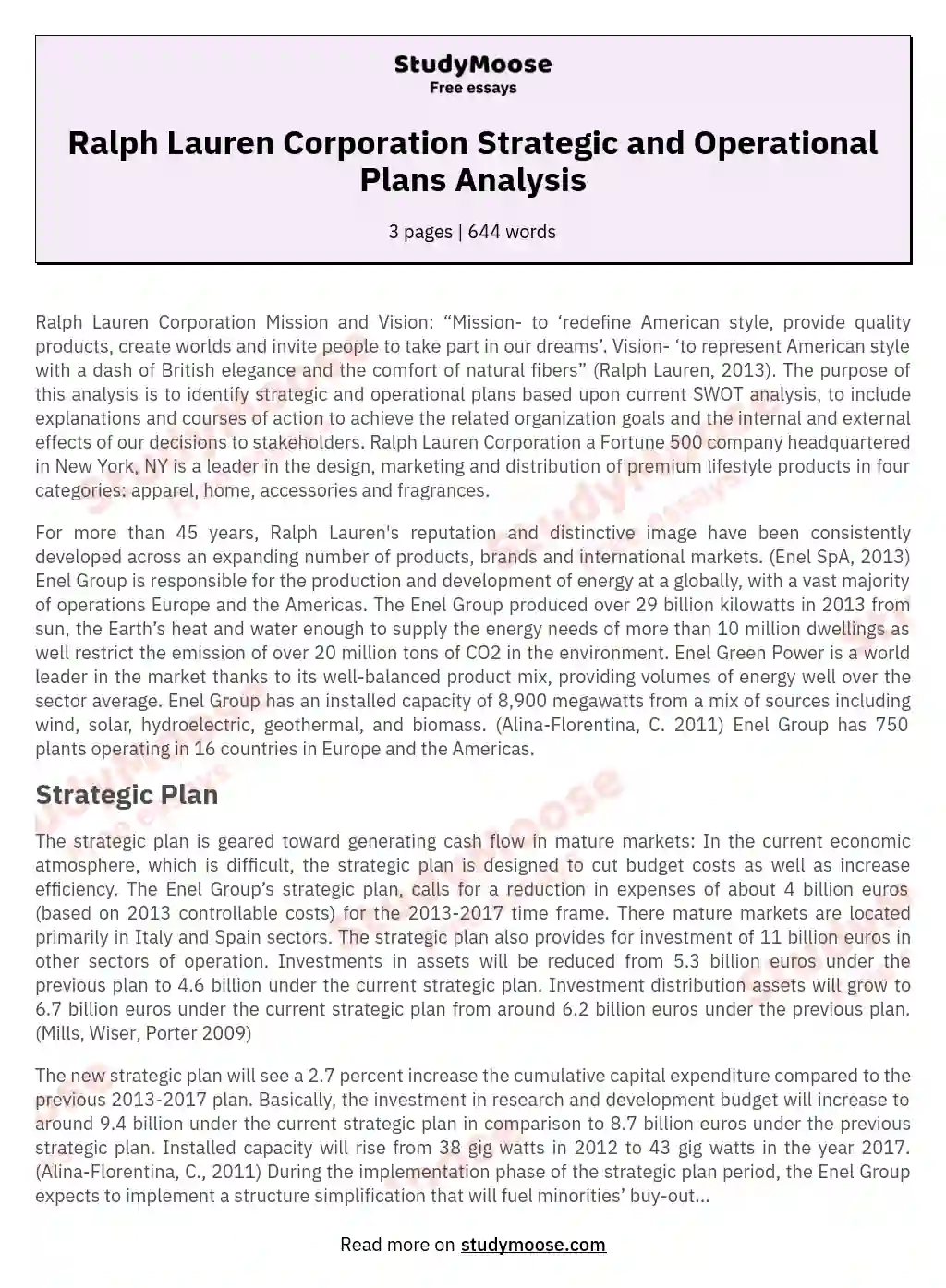 Ralph Lauren Corporation Strategic and Operational Plans Analysis