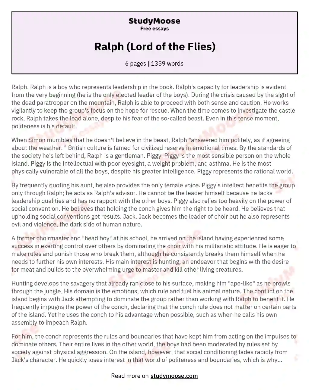 Ralph (Lord of the Flies) essay