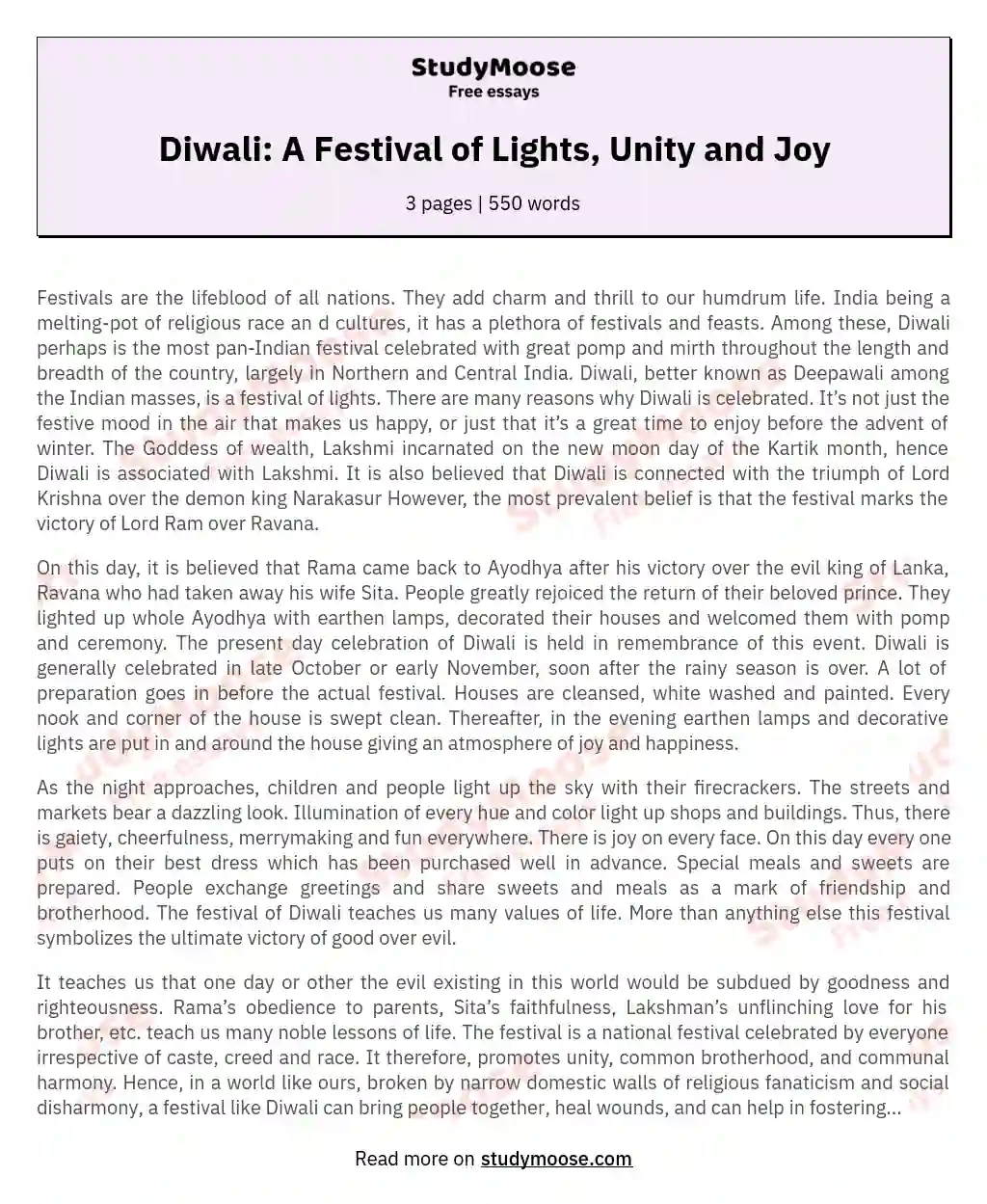 Diwali: A Festival of Lights, Unity and Joy essay