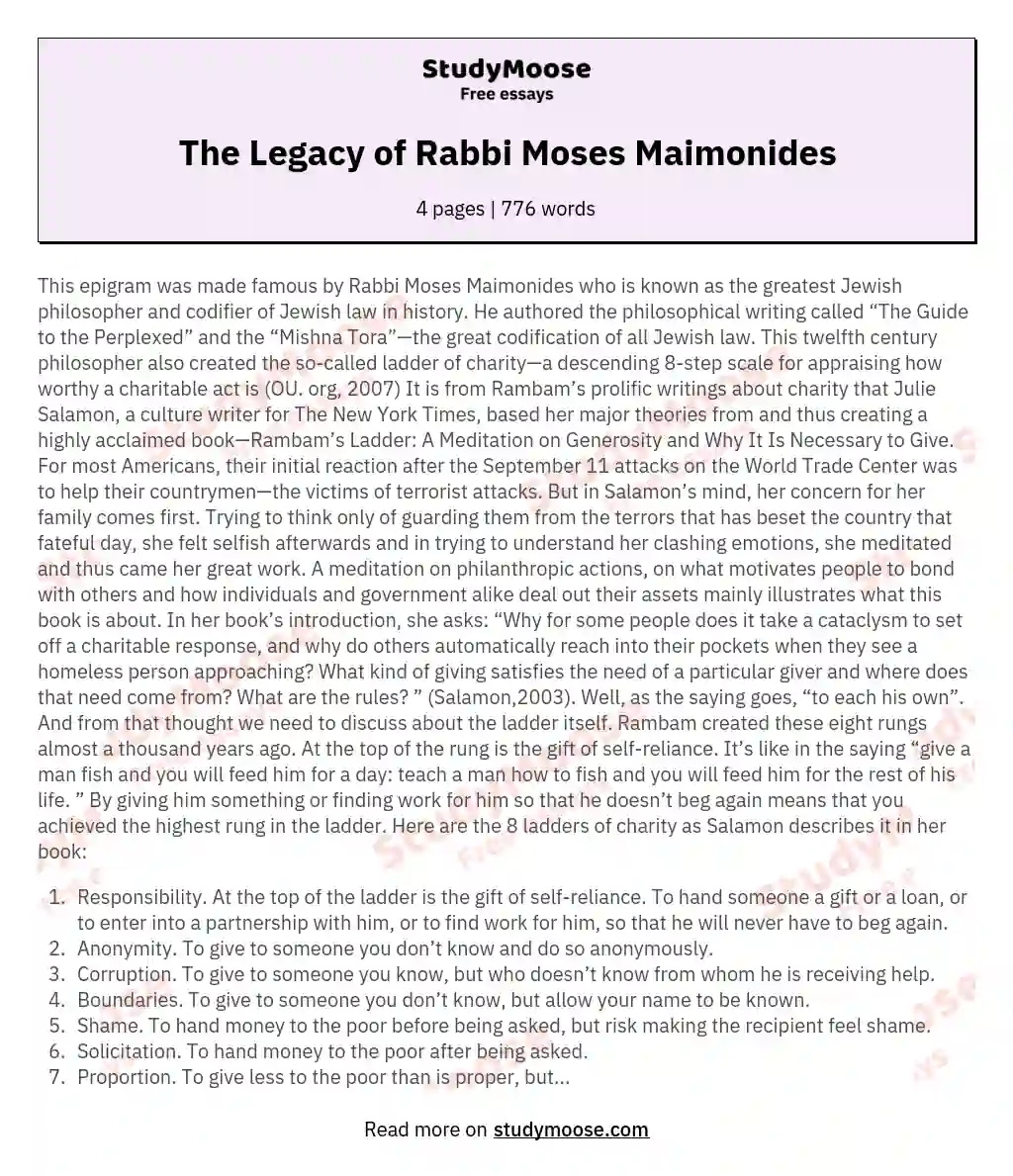 The Legacy of Rabbi Moses Maimonides essay