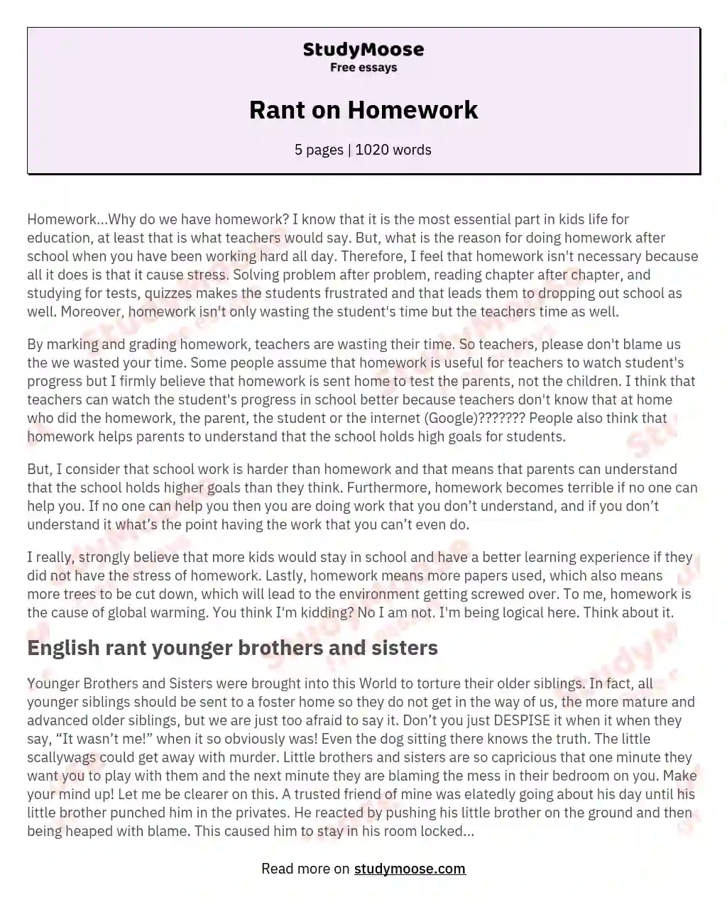 Rant on Homework essay