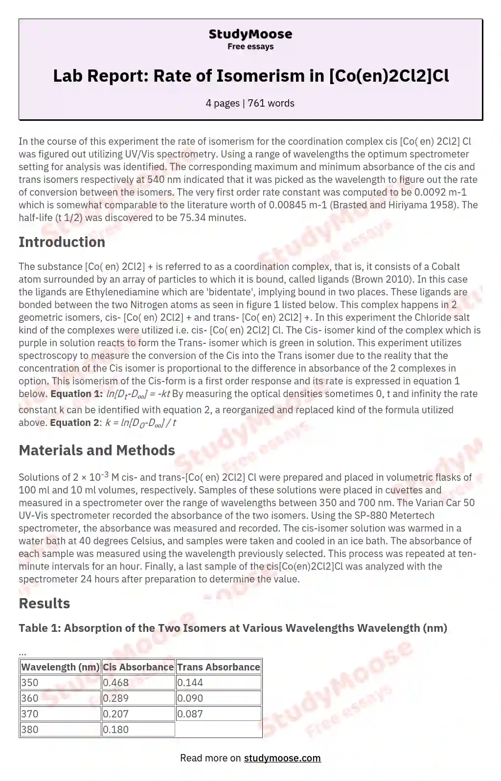 Lab Report: Rate of Isomerism in [Co(en)2Cl2]Cl essay