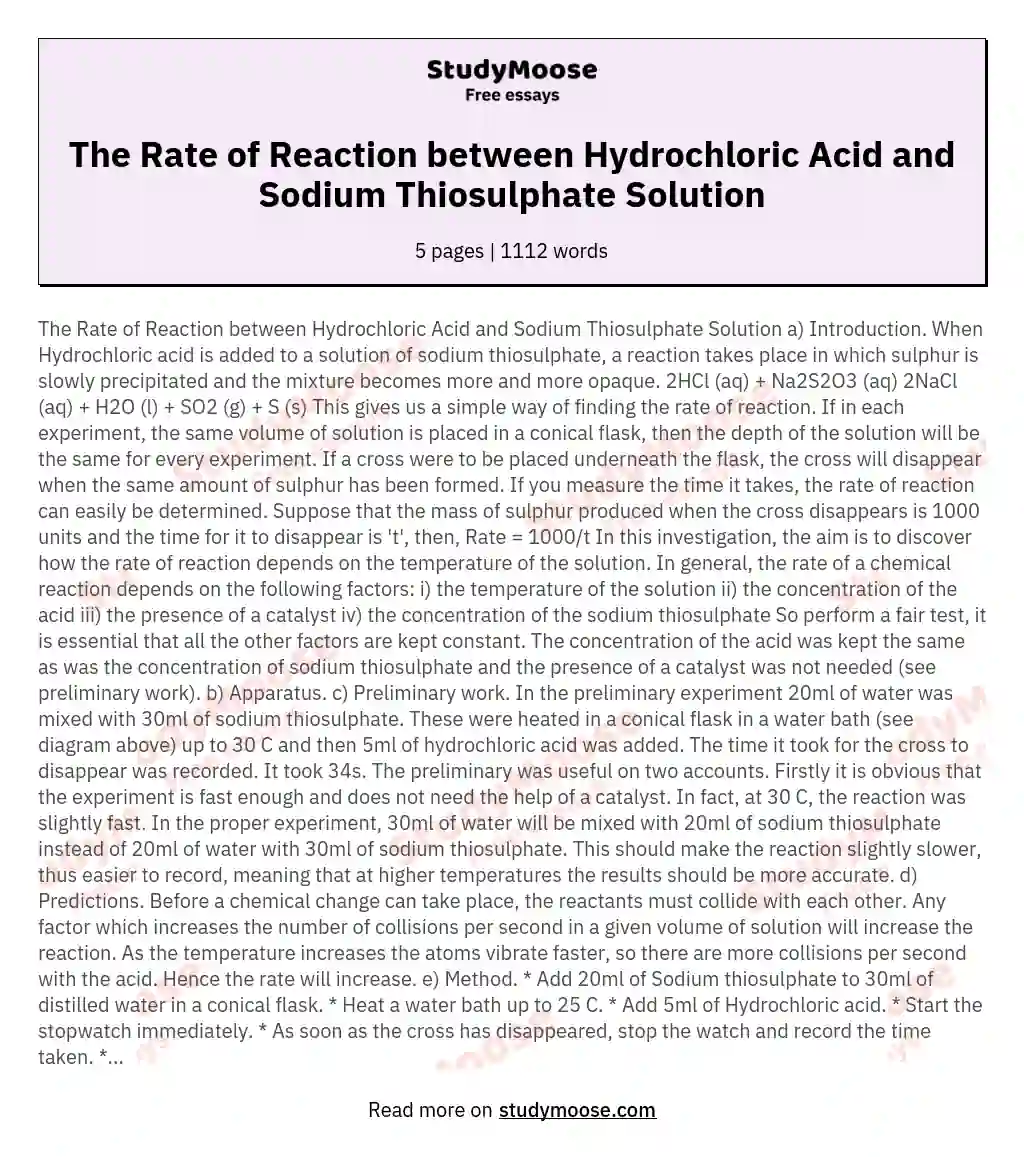 The Rate of Reaction between Hydrochloric Acid and Sodium Thiosulphate Solution