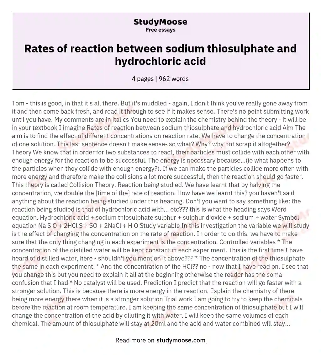 Rates of reaction between sodium thiosulphate and hydrochloric acid